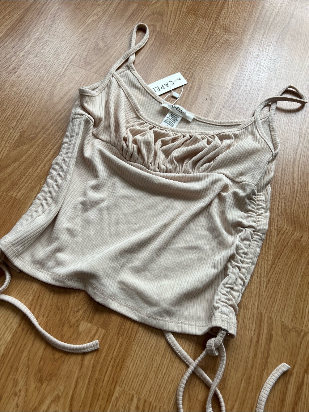 Women's Beige Ruched Ribbed Tank Top - Picture 3 of 3